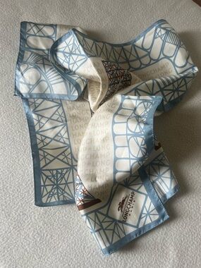 Longchamp Silk Scarf with Eiffel Tower print in Light Blue, Cream